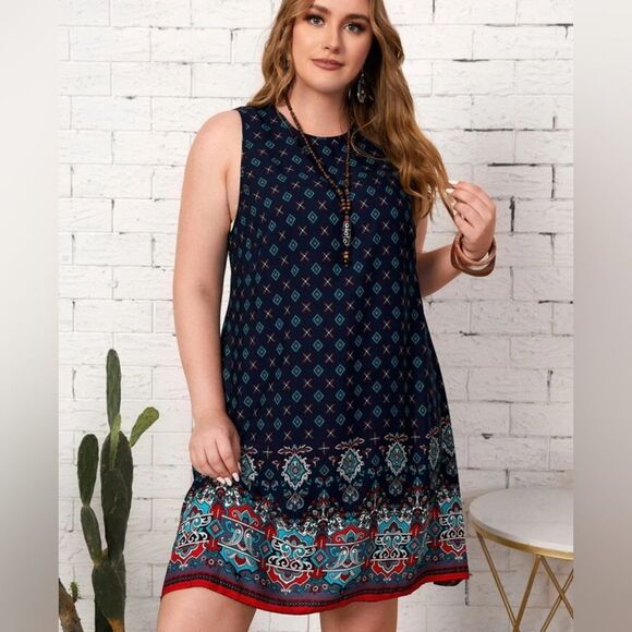 Navy aqua and red print boho shift dress size 2X - Picture 1 of 6